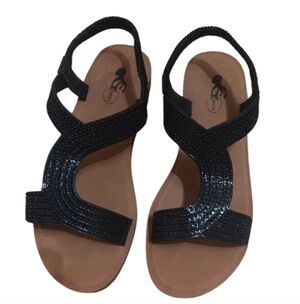 GC Shoes Women's Jeweled T Strap Wedge Sandals, Black Shiny "Ivana" Size 9